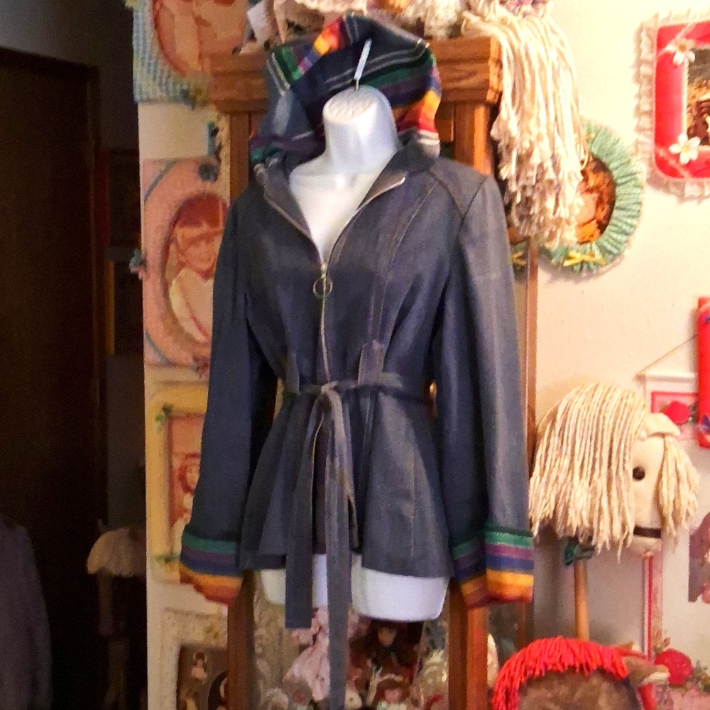 Vintage 80's,Bohemian,Denim, Jacket with Rainbow Colored🌈 Hood & Cuffs/Tie Belt
